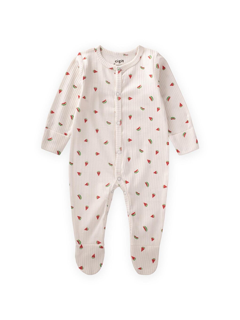 Beyaz Ayaklı Kendinden Eldivenli Desenli Tulum 0-9 Ay Karpuz Desen