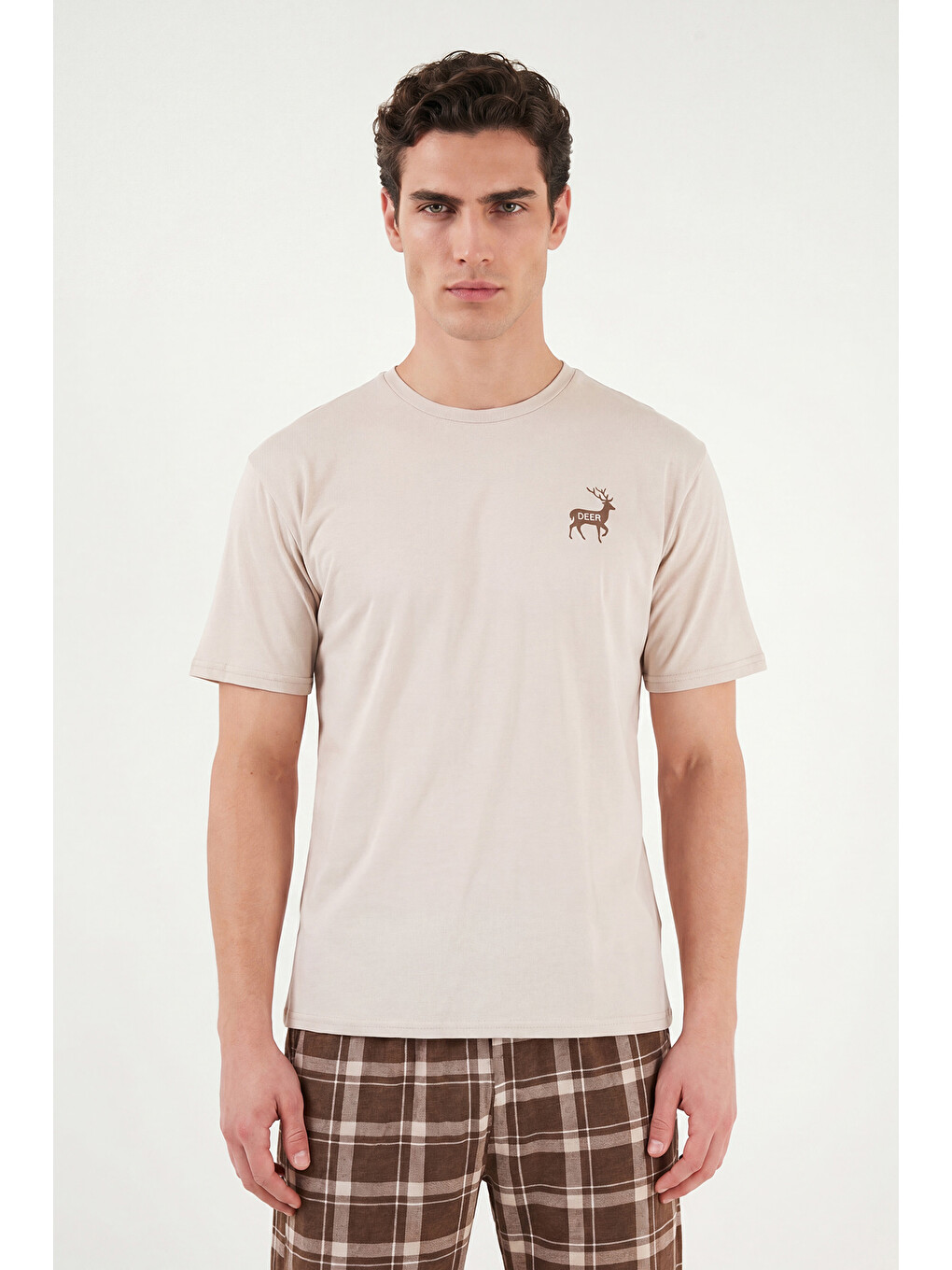Bej Kareli Pamuklu Regular Fit Şortlu Pijama Takımı 6572022-2