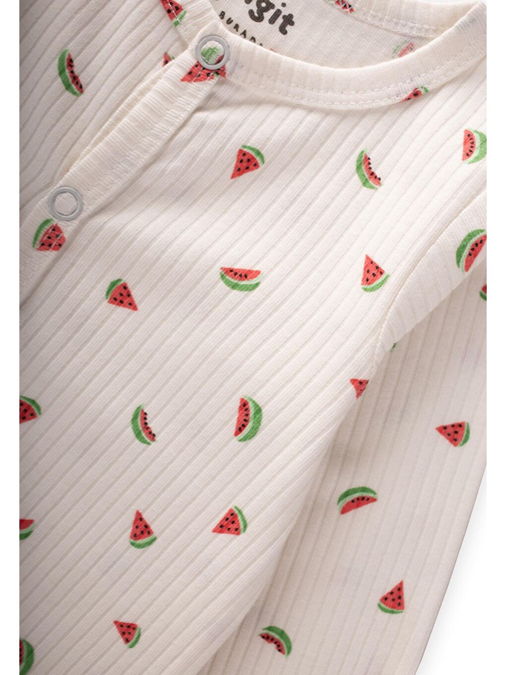 Beyaz Ayaklı Kendinden Eldivenli Desenli Tulum 0-9 Ay Karpuz Desen-2