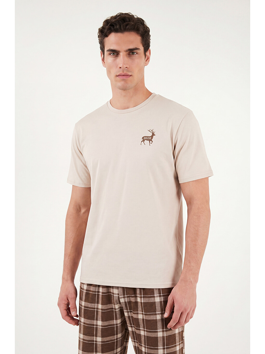 Bej Kareli Pamuklu Regular Fit Şortlu Pijama Takımı 6572022-4