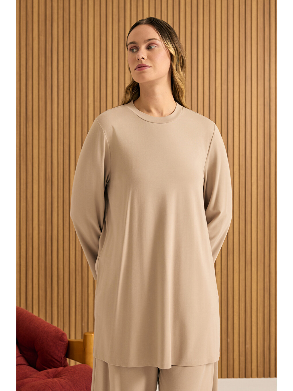 Kahverengi Camel Rayon Pijama Üstü-1