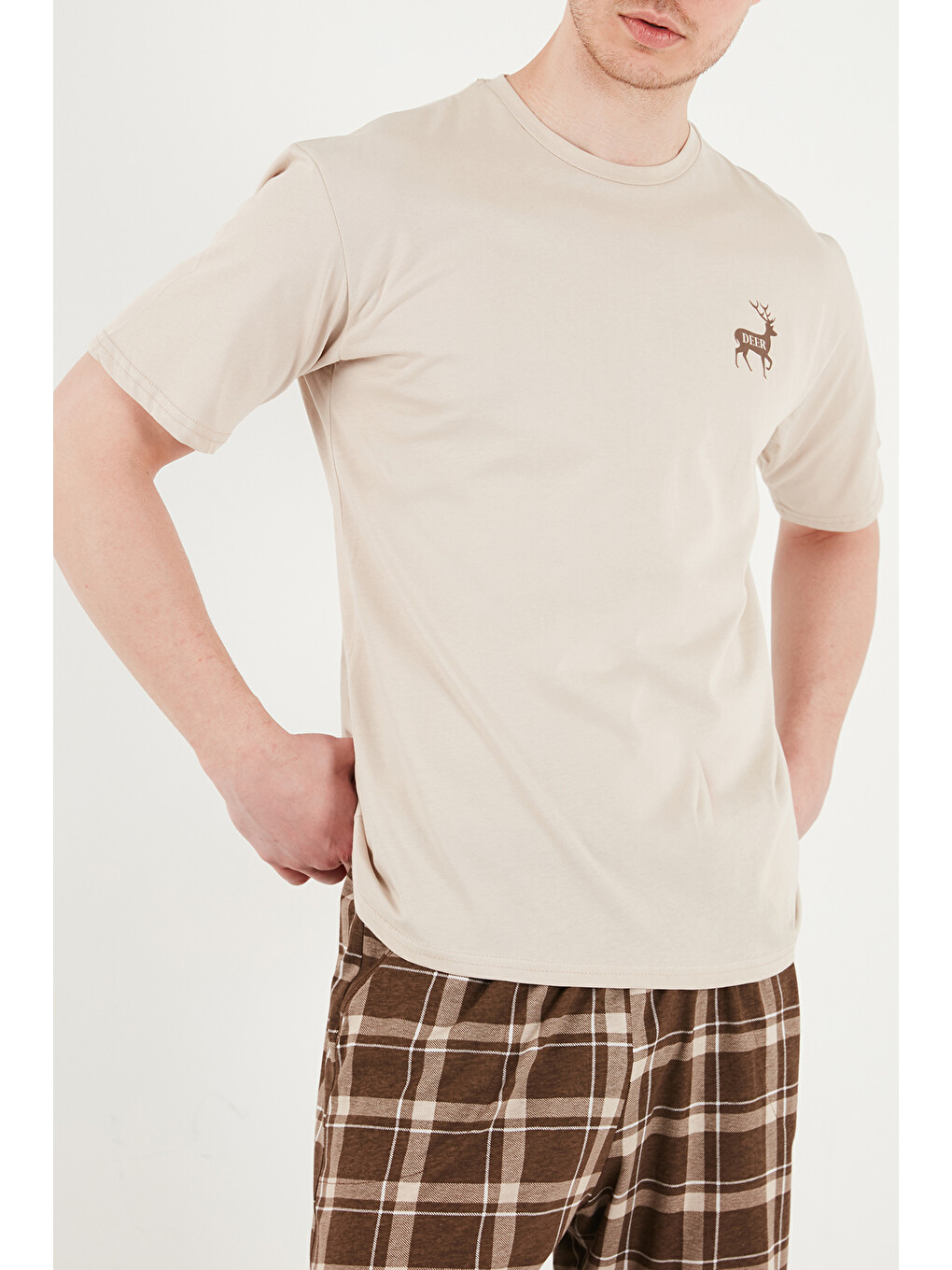 Bej Kareli Pamuklu Regular Fit Şortlu Pijama Takımı 6572022-5