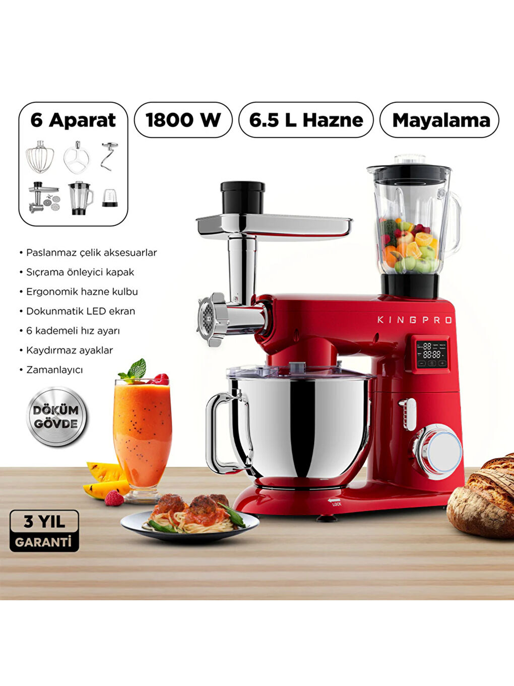 KINGPRO KSM4001 Damboo Mutfak Şefi Kırmızı-5