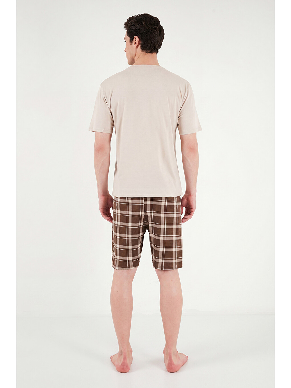 Bej Kareli Pamuklu Regular Fit Şortlu Pijama Takımı 6572022-6