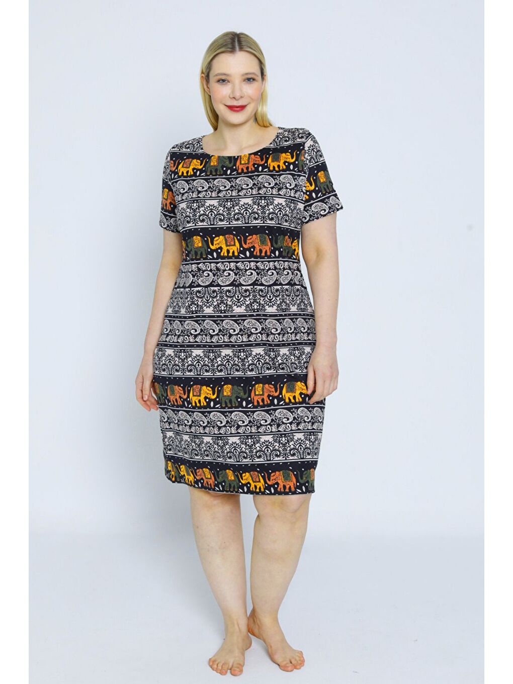 Karışık desenli kadın büyük beden kısa kollu pamuklu elbise-2