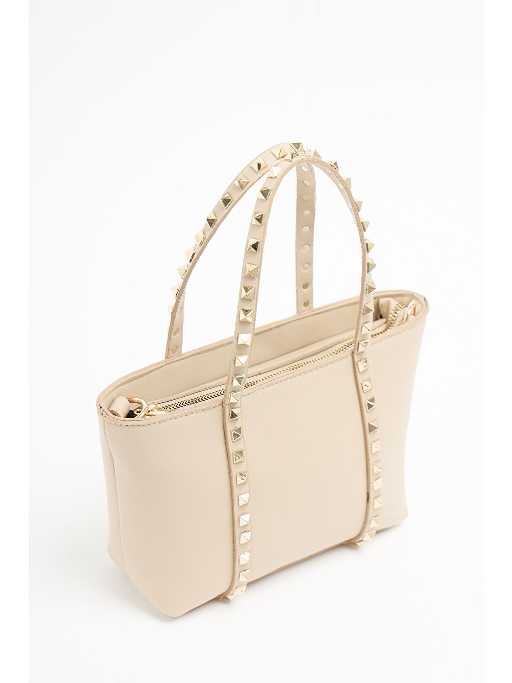 Ekru Krem Kadın Küçük Boy Zımba Detaylı Pu Deri Tokalı El Ve Omuz Çantası