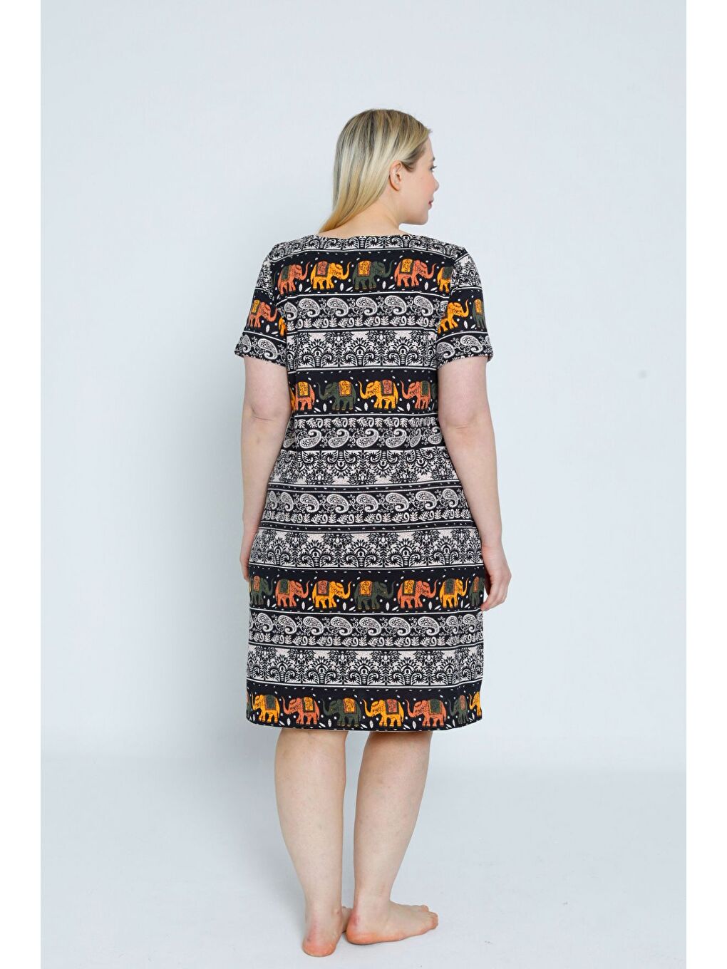 Karışık desenli kadın büyük beden kısa kollu pamuklu elbise-3