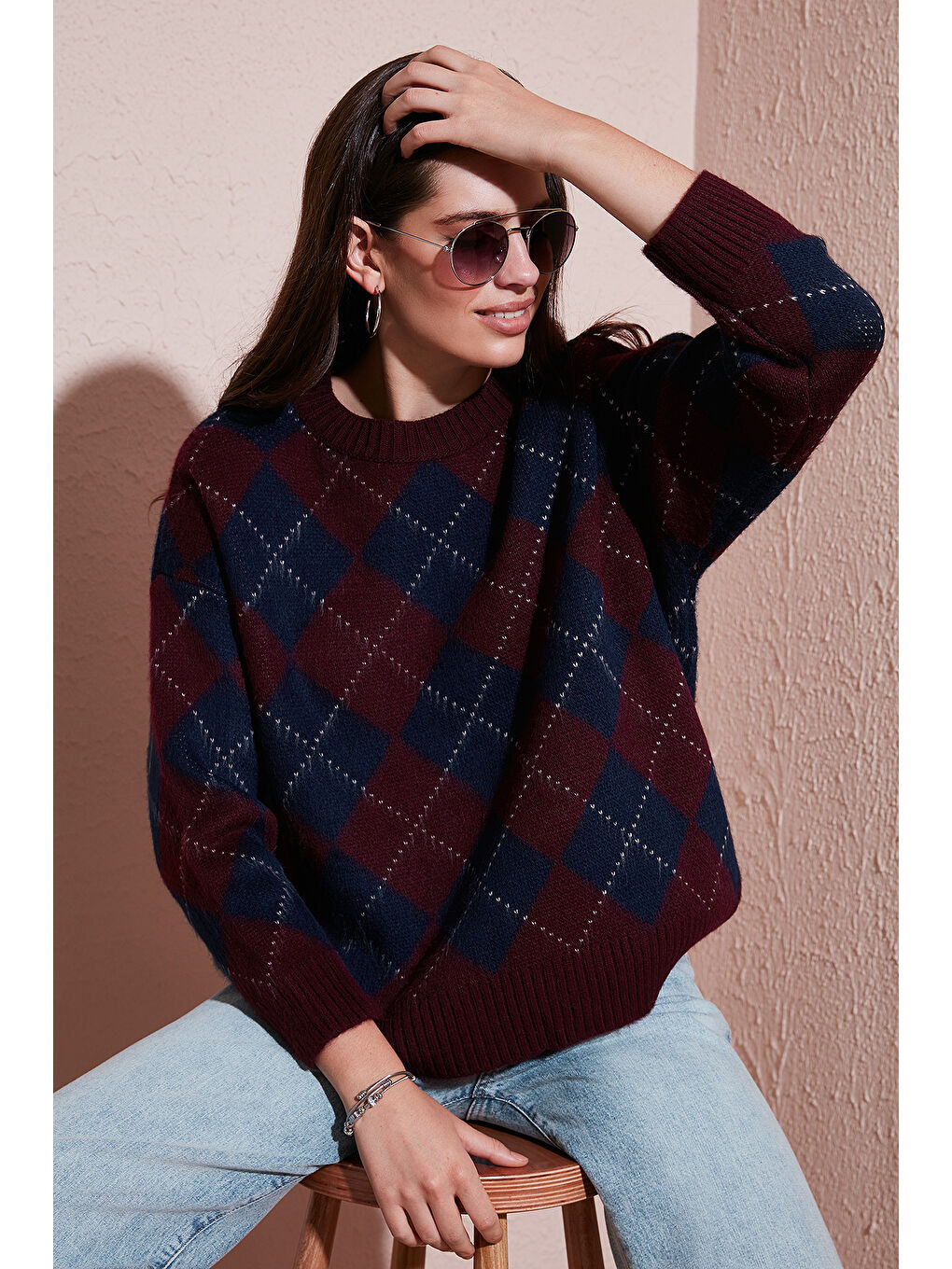 Bordo Oversize Fit Bisiklet Yaka Baklava Desenli Kazak 4615579-1