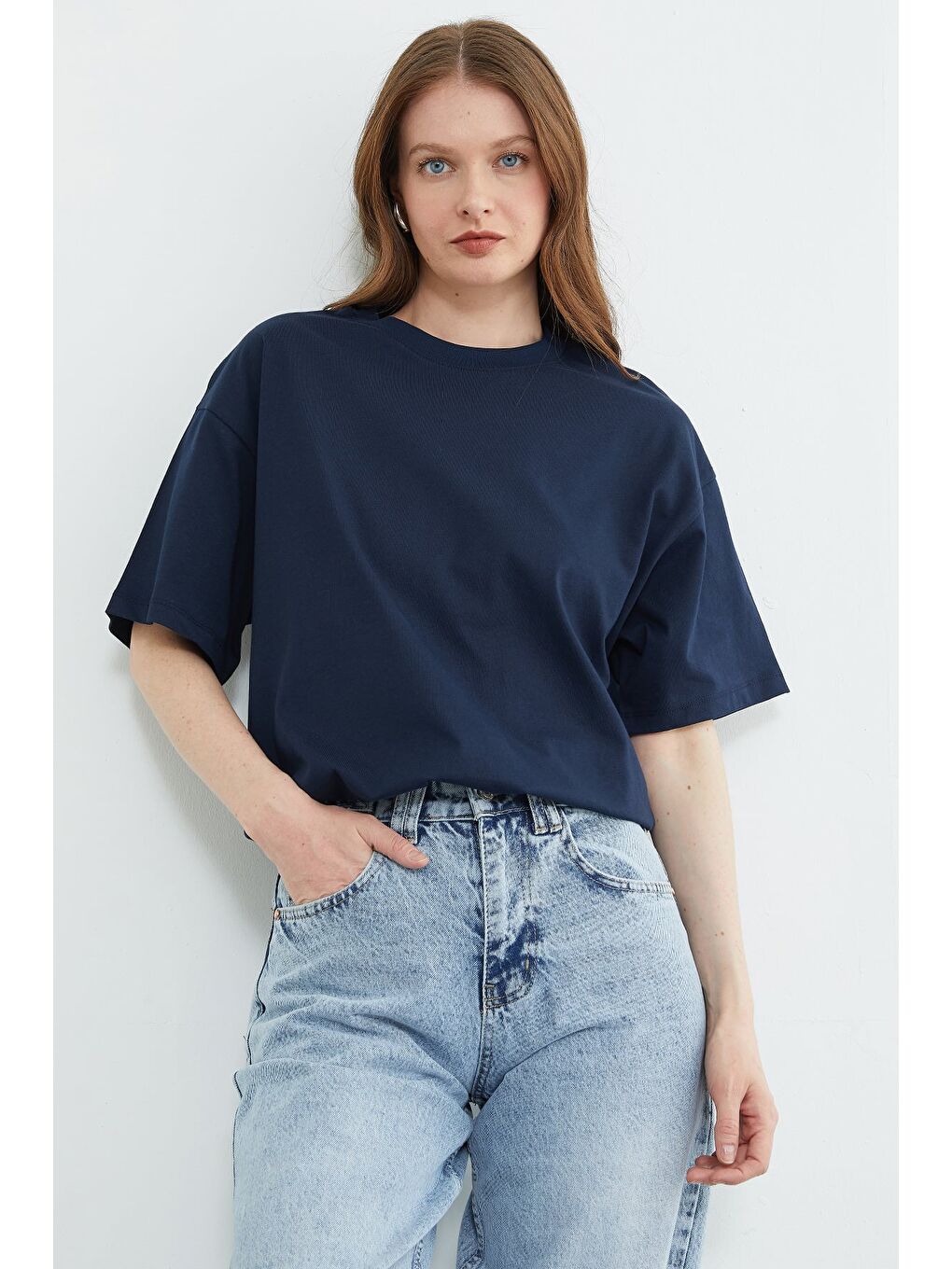 Lacivert Basic Bisiklet Yaka Oversize Tişört