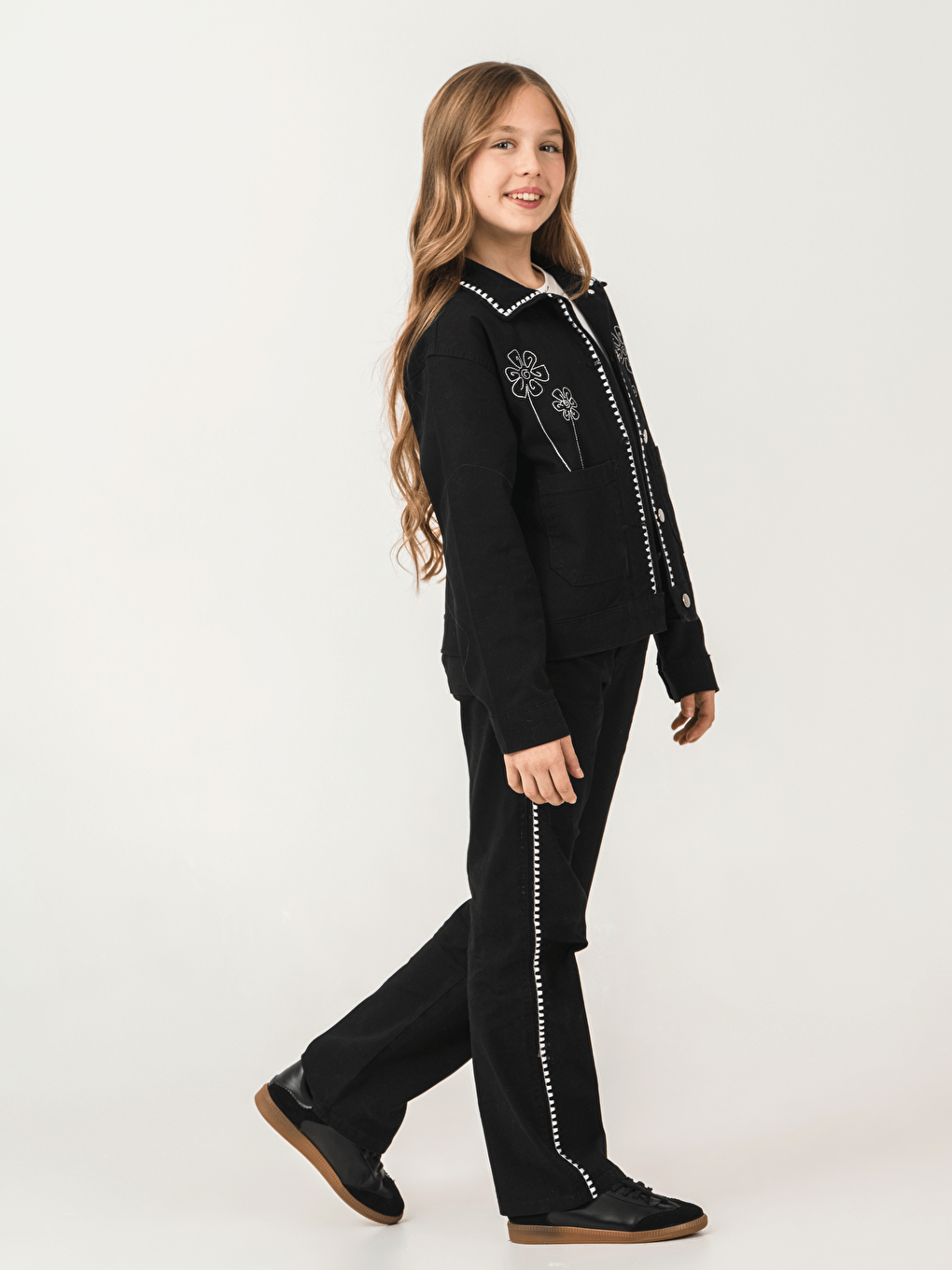 Siyah Pamuklu Ceket Pantolon Tişörtlü Kız Çocuk 3lü Jean Takım-9