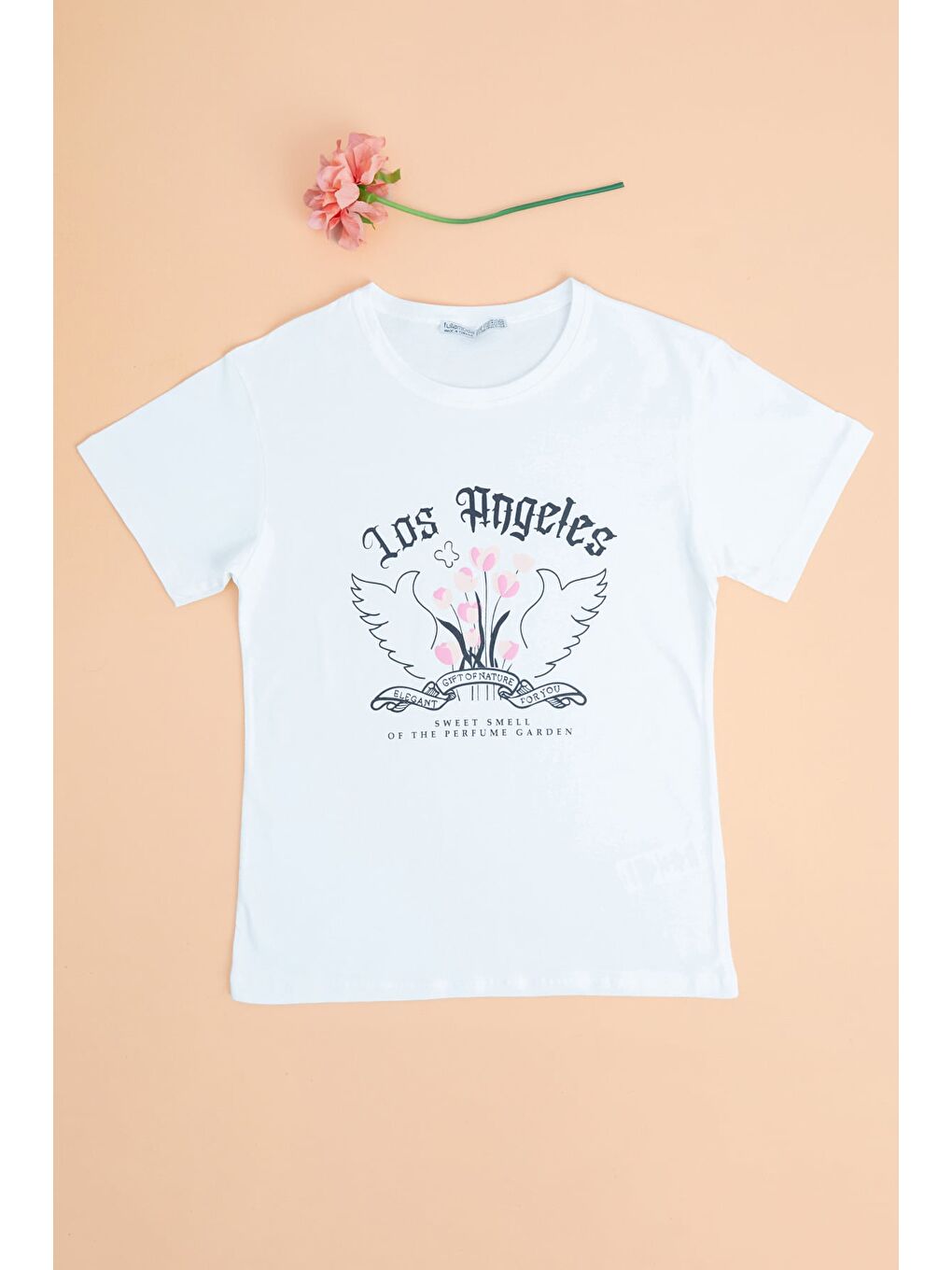 Beyaz Los Angeles Ve Lale Baskılı Kız Çocuk Tişört