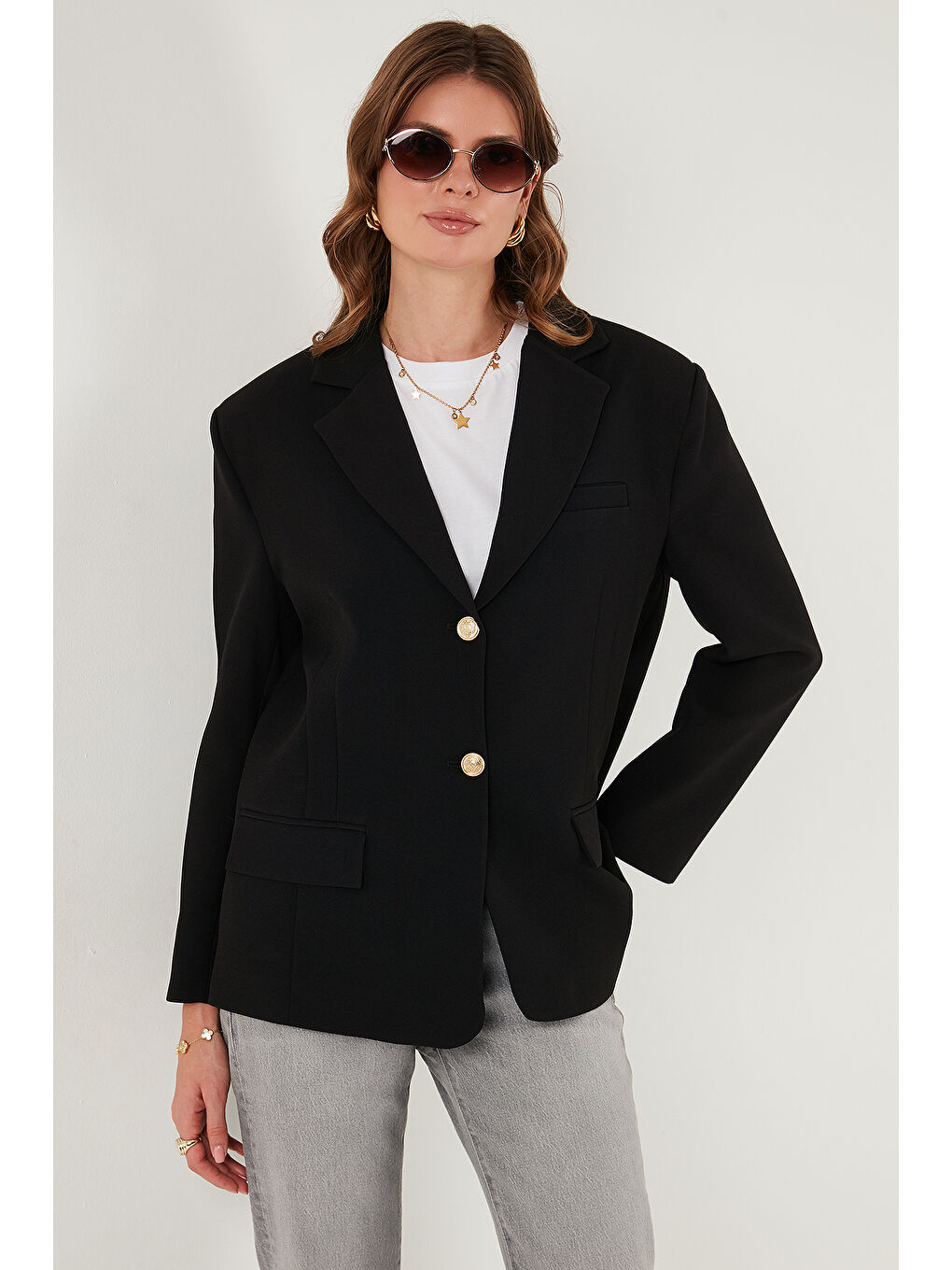 Siyah Regular Fit Ceket Yaka Düğmeli Blazer Ceket 6839562