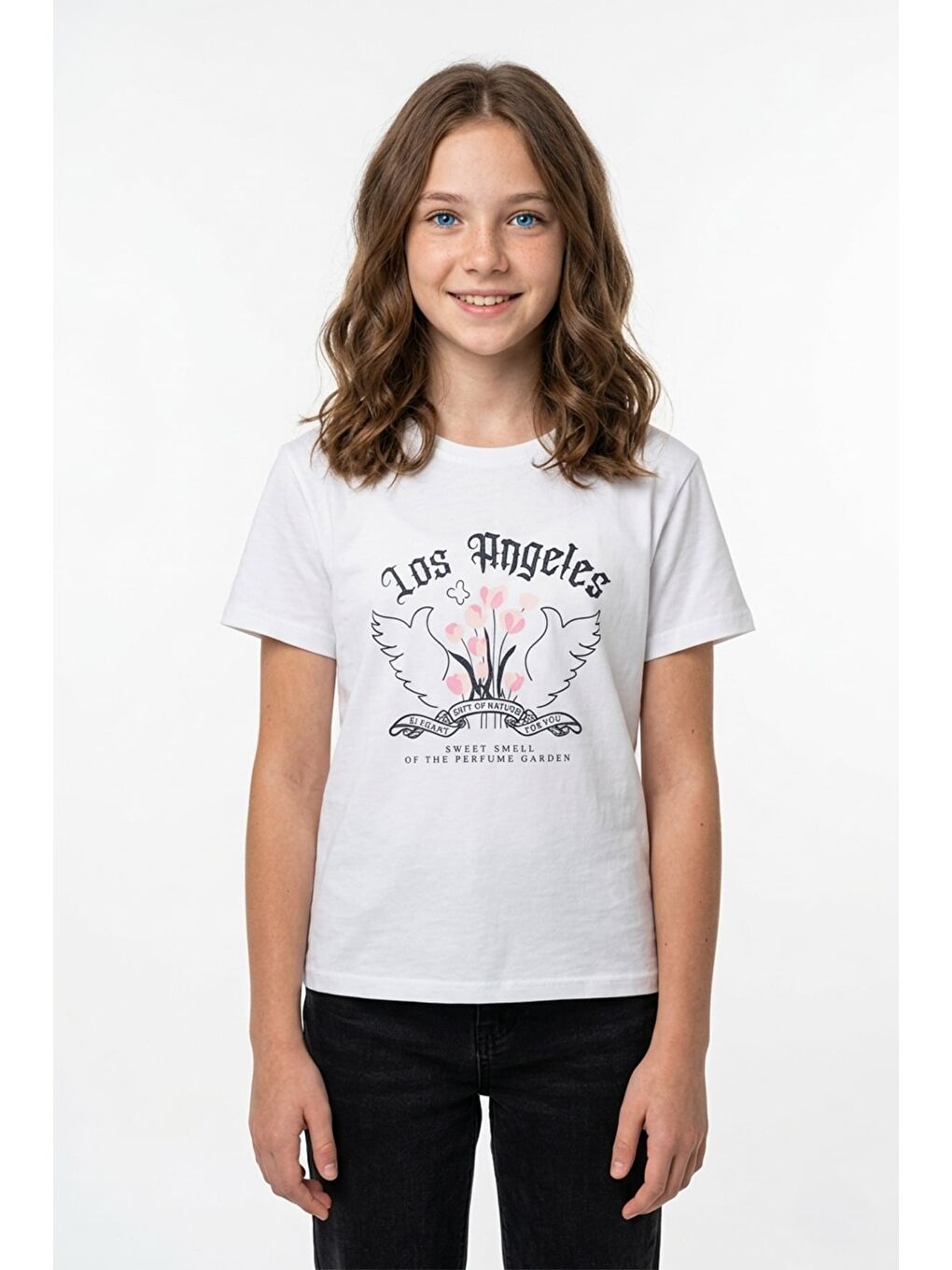 Beyaz Los Angeles Ve Lale Baskılı Kız Çocuk Tişört-2