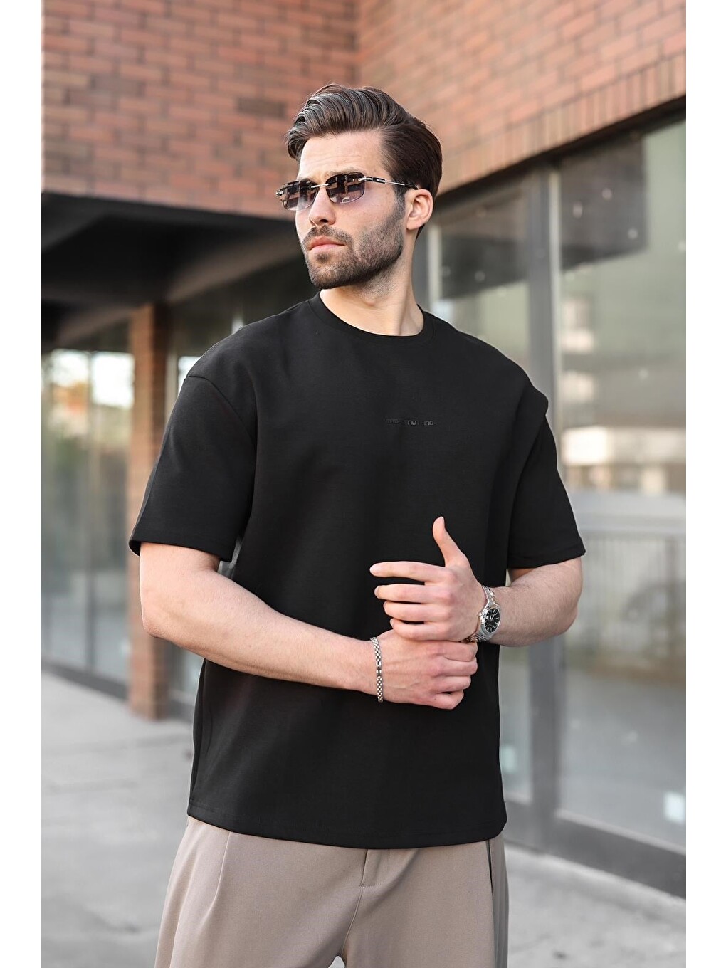 Siyah Bisiklet Yaka Oversize Erkek Tişört E7176-2