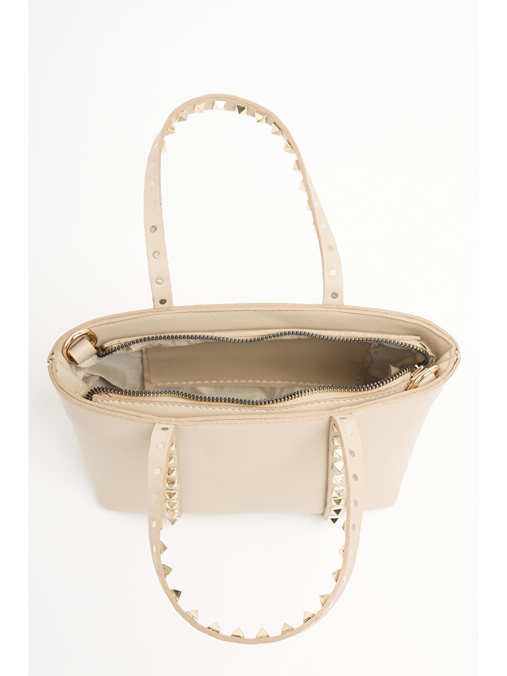 Ekru Krem Kadın Küçük Boy Zımba Detaylı Pu Deri Tokalı El Ve Omuz Çantası-1