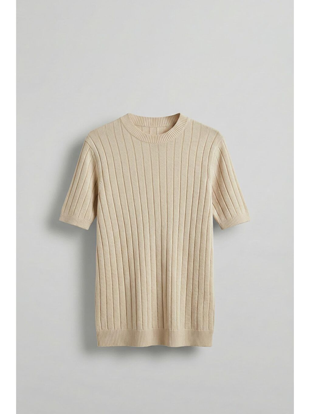 Erkek Fitilli Kısa Kol Triko T-Shirt Koyu Bej