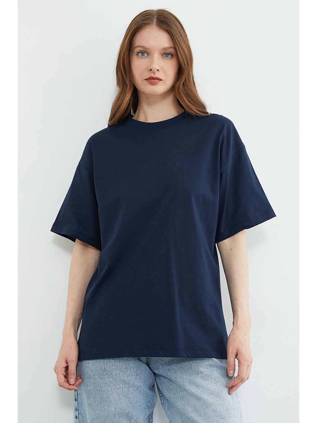 Lacivert Basic Bisiklet Yaka Oversize Tişört-1