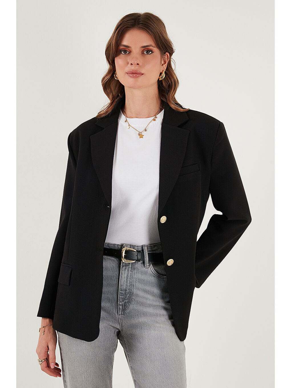 Siyah Regular Fit Ceket Yaka Düğmeli Blazer Ceket 6839562-2