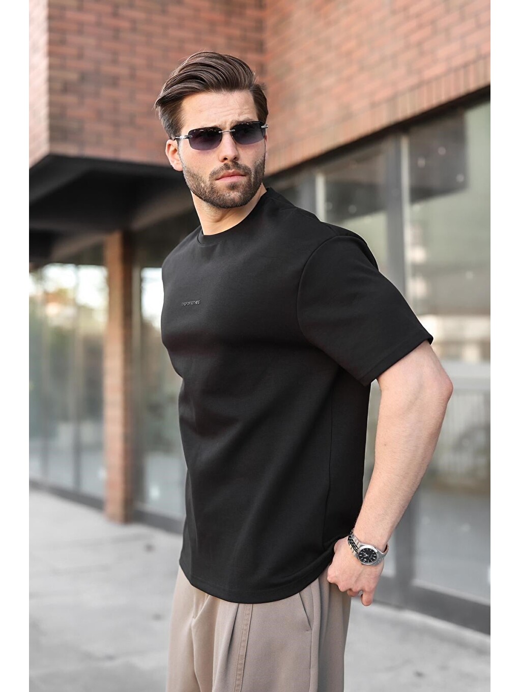 Siyah Bisiklet Yaka Oversize Erkek Tişört E7176-5