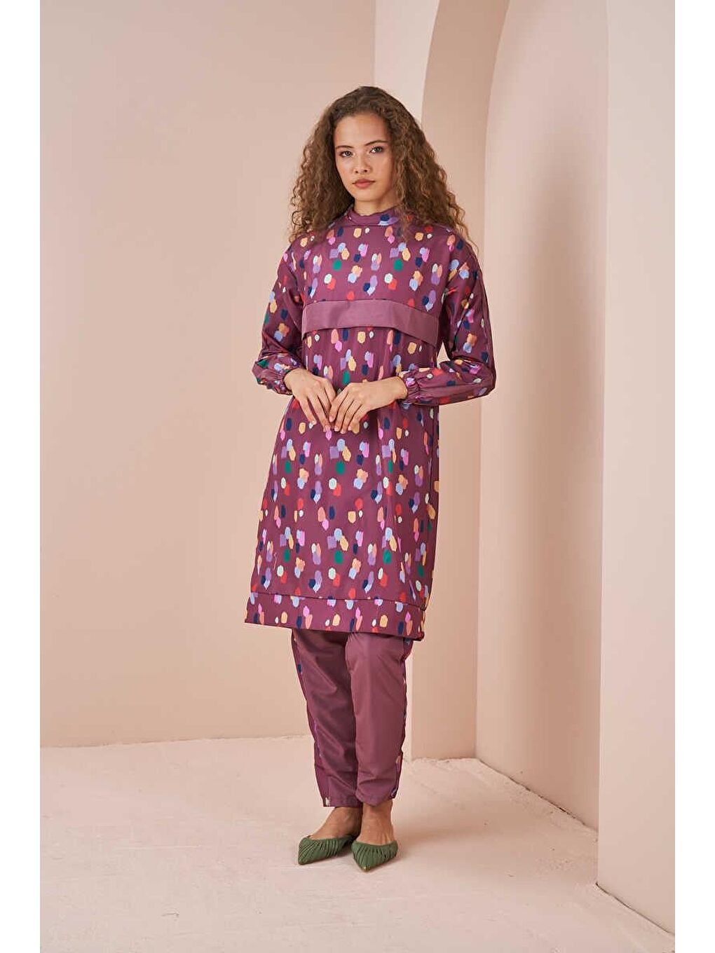 Pembe Puantiye Desen Tesettür Mayo Uzun Gül Kurusu-1