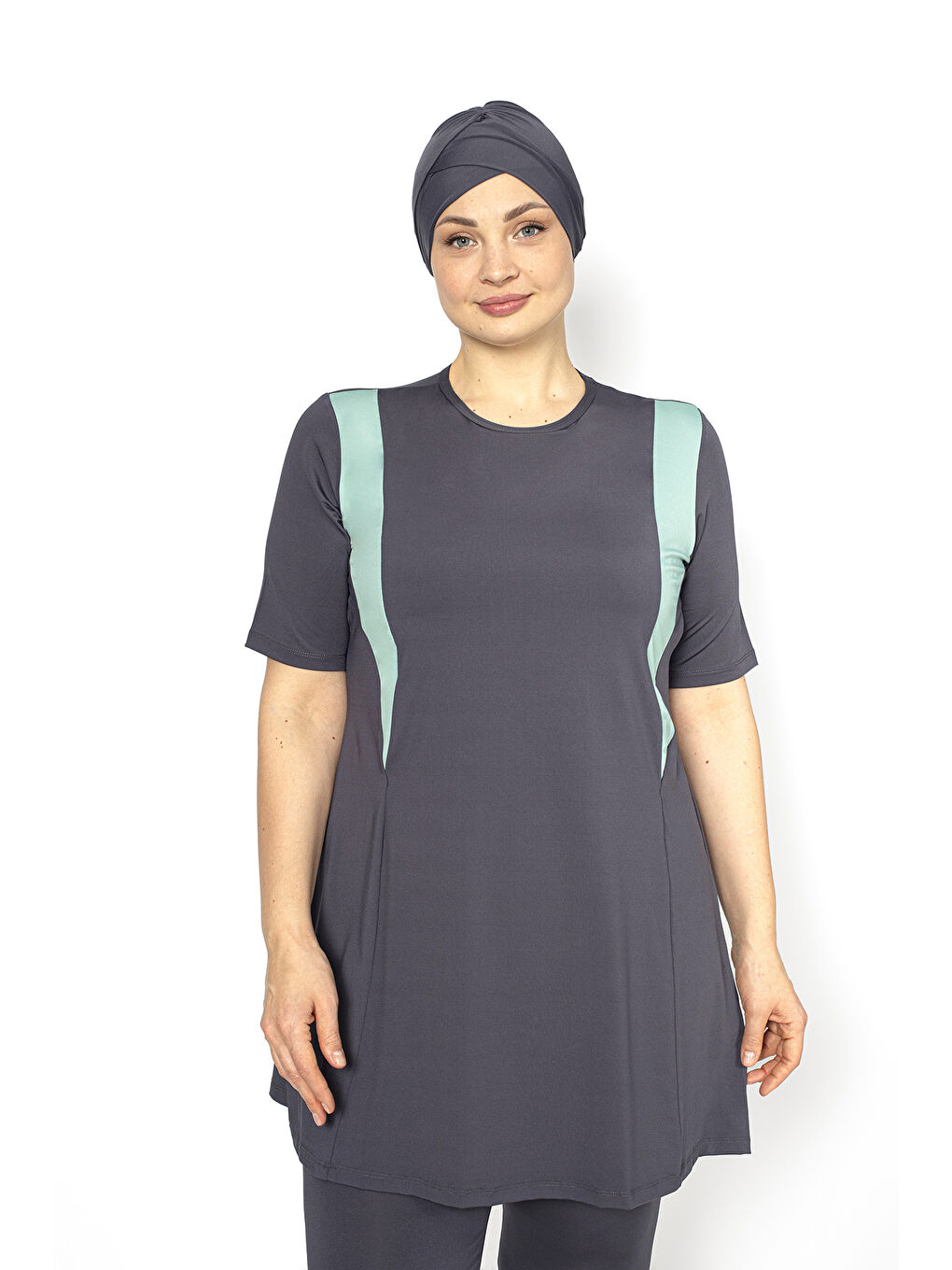 Antrasit Kısa Kol Garnili Büyük Beden Yarı Kapalı Mayo 4310-1