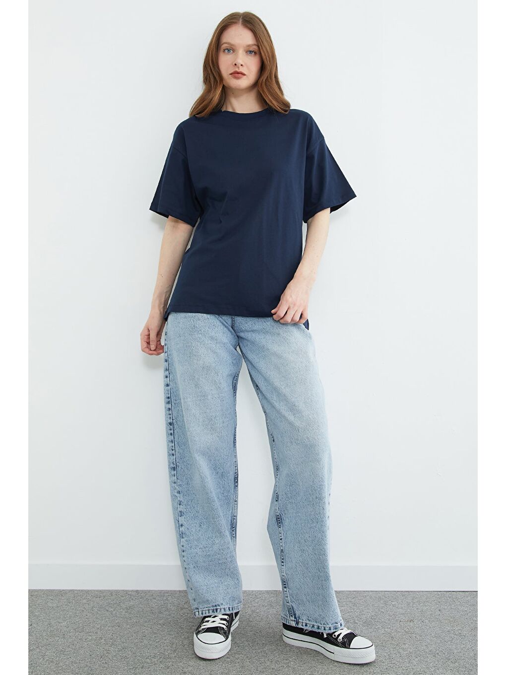 Lacivert Basic Bisiklet Yaka Oversize Tişört-2