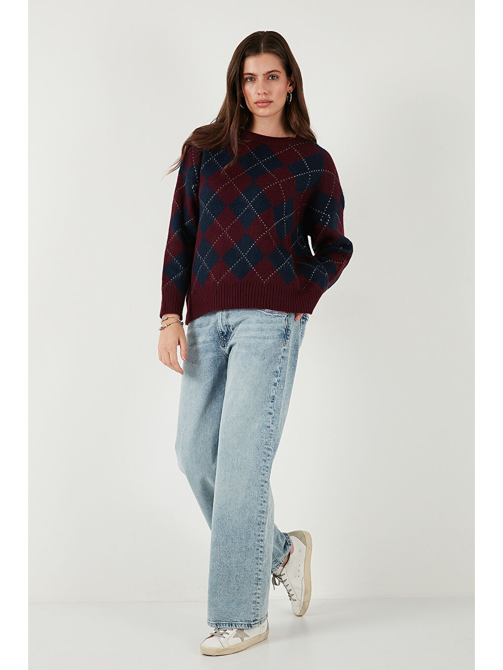 Bordo Oversize Fit Bisiklet Yaka Baklava Desenli Kazak 4615579-2