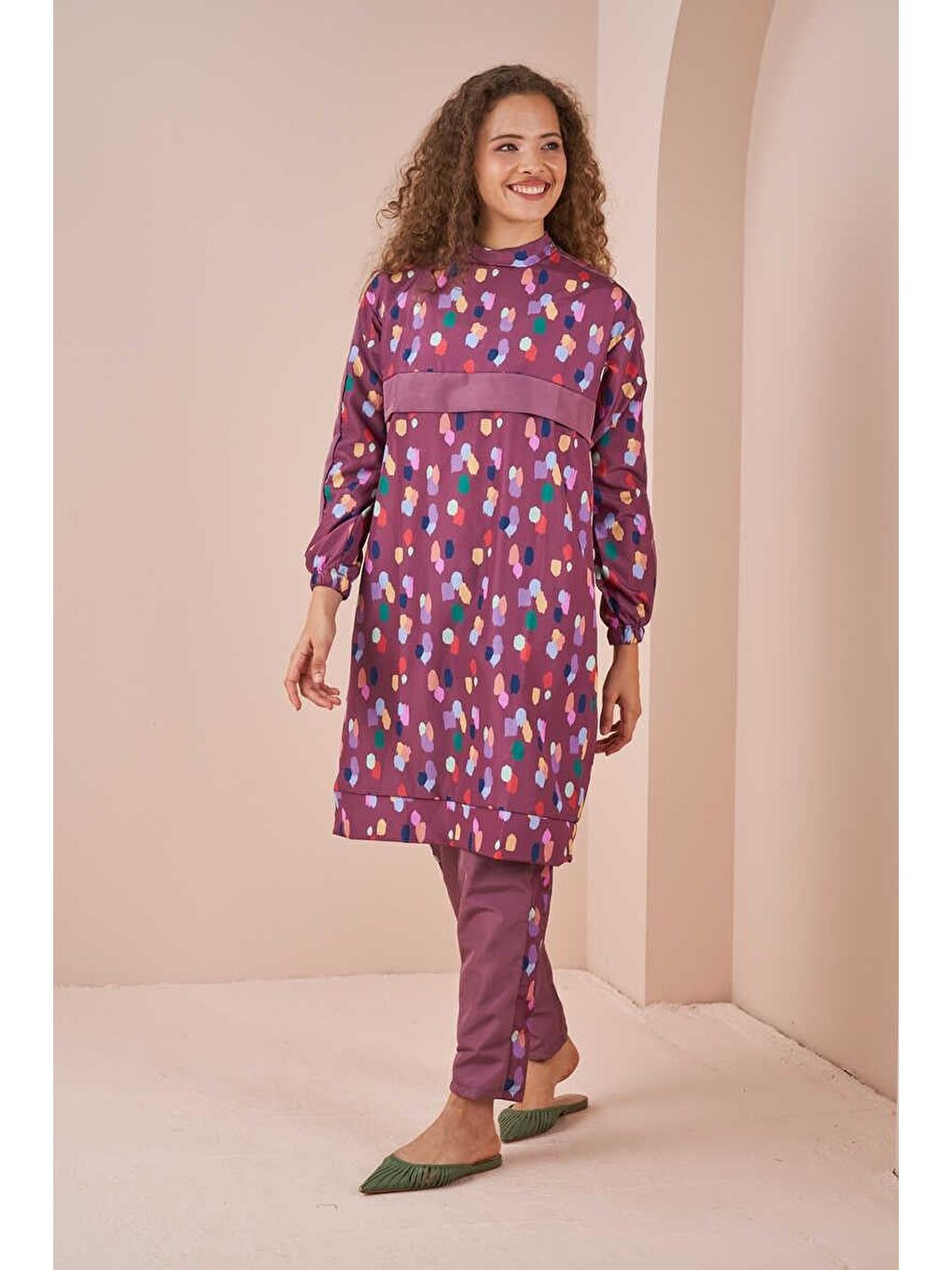 Pembe Puantiye Desen Tesettür Mayo Uzun Gül Kurusu-2