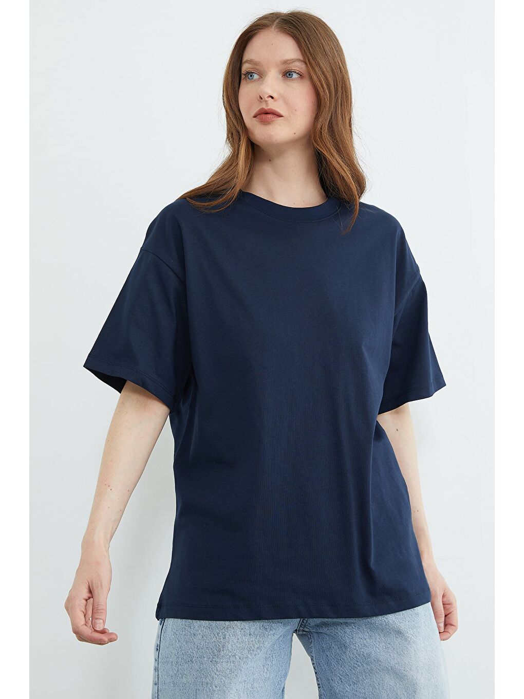 Lacivert Basic Bisiklet Yaka Oversize Tişört-3