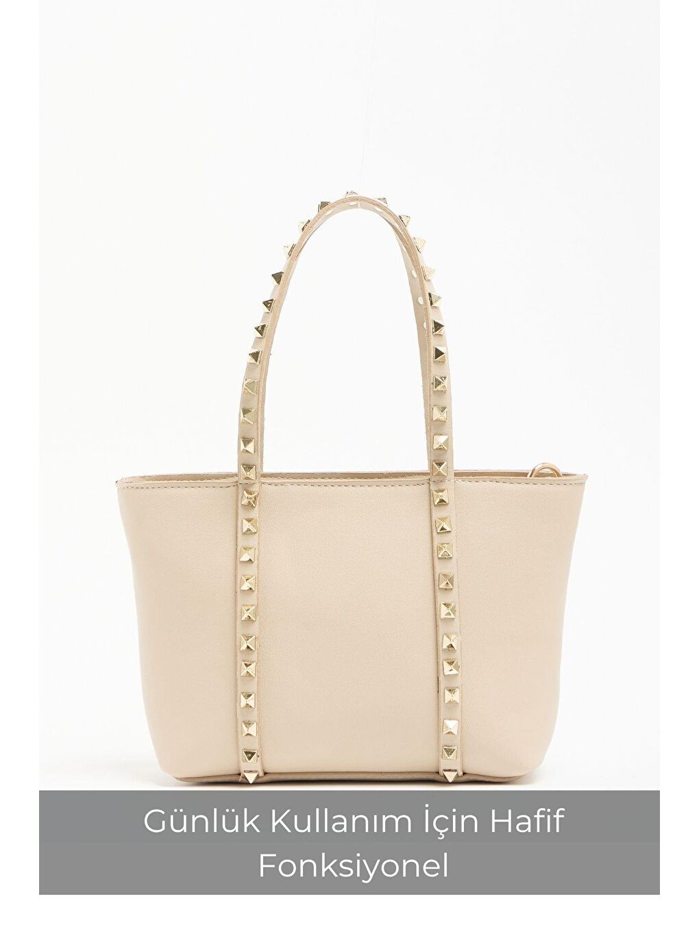 Ekru Krem Kadın Küçük Boy Zımba Detaylı Pu Deri Tokalı El Ve Omuz Çantası-3