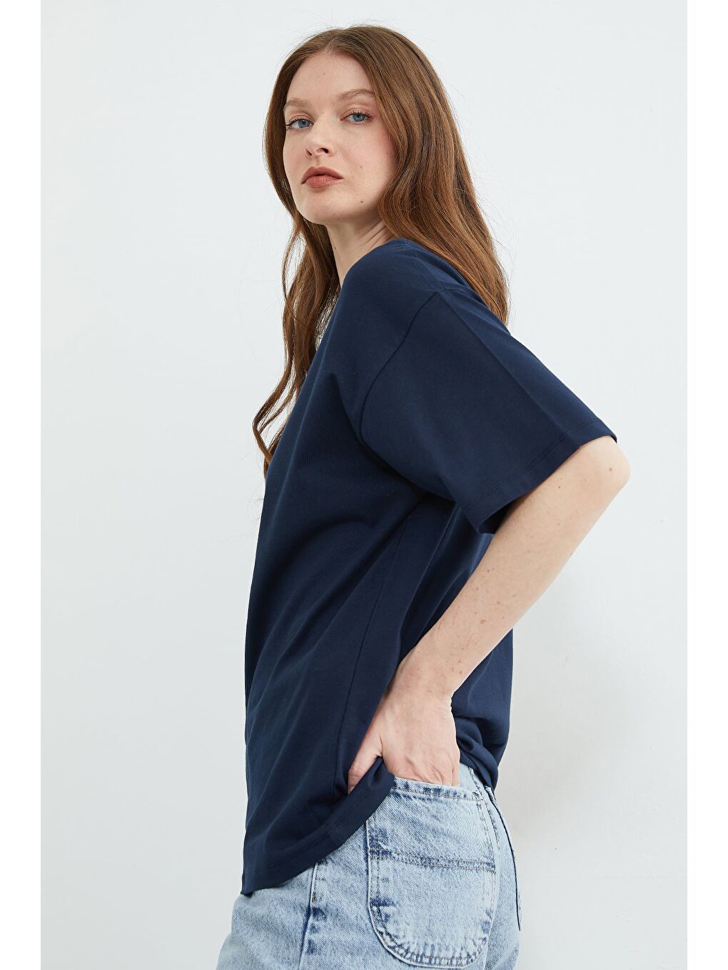 Lacivert Basic Bisiklet Yaka Oversize Tişört-4