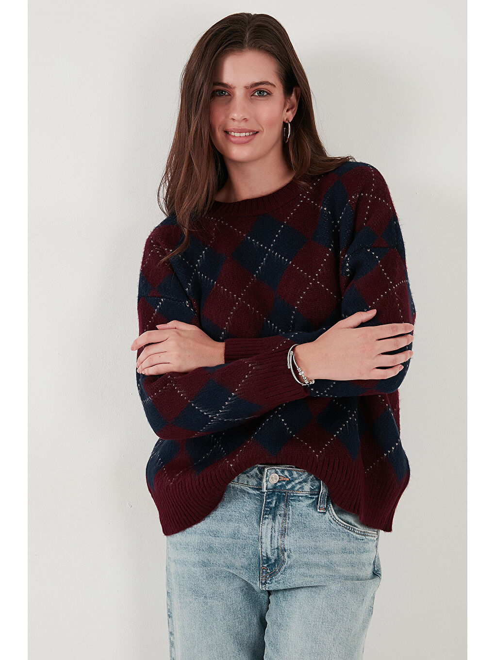 Bordo Oversize Fit Bisiklet Yaka Baklava Desenli Kazak 4615579-3