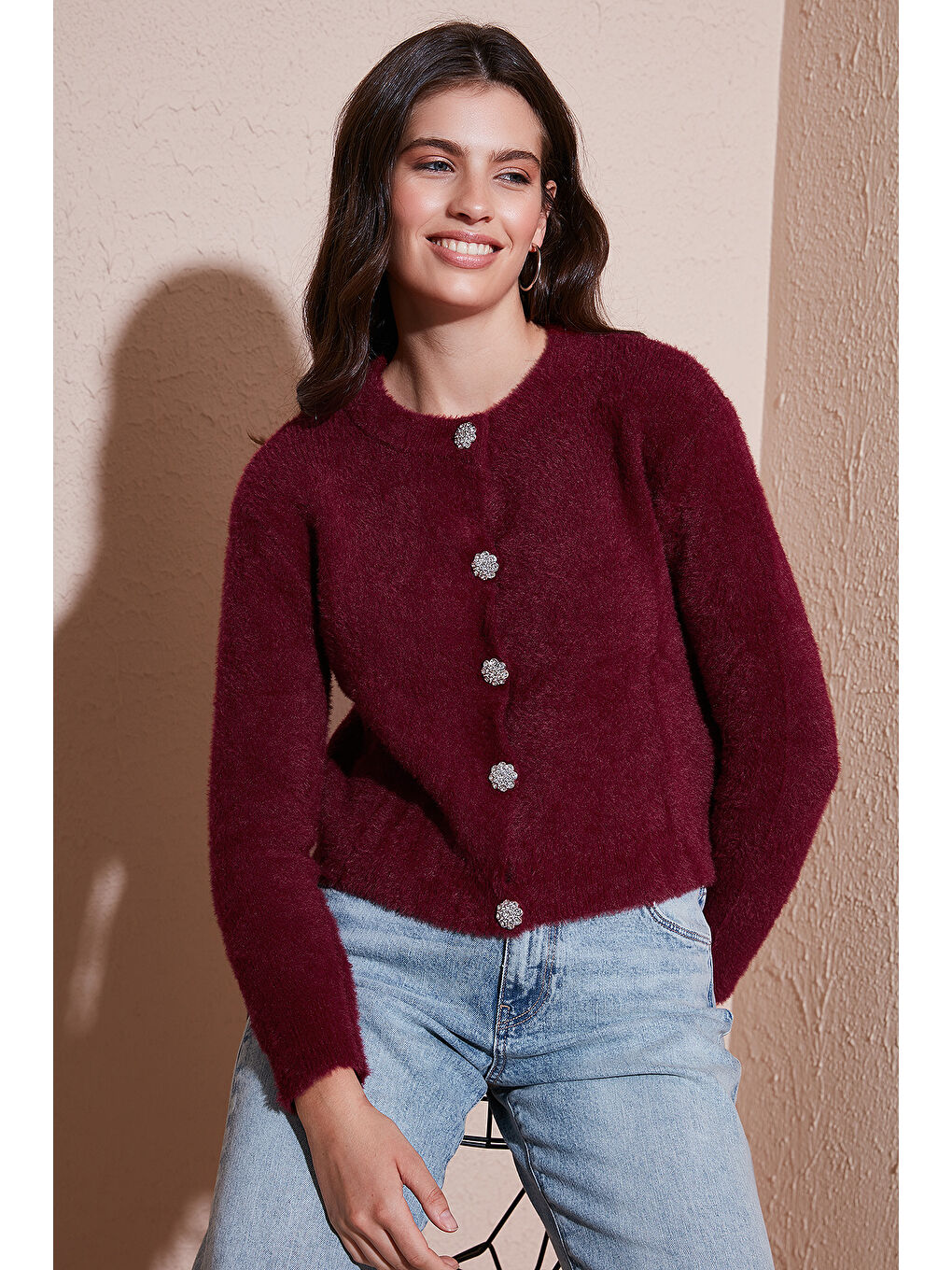 Bordo Fitted Fit Bisiklet Yaka Yumuşak Dokulu Crop Hırka 4615559