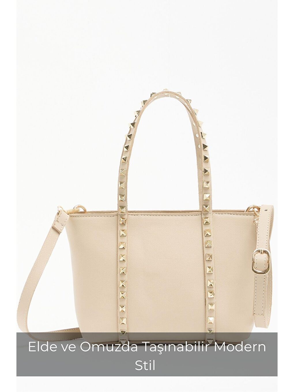 Ekru Krem Kadın Küçük Boy Zımba Detaylı Pu Deri Tokalı El Ve Omuz Çantası-4