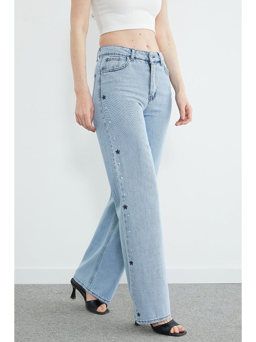 Mavi Yıldız Nakışlı Yüksek Bel Jean-1