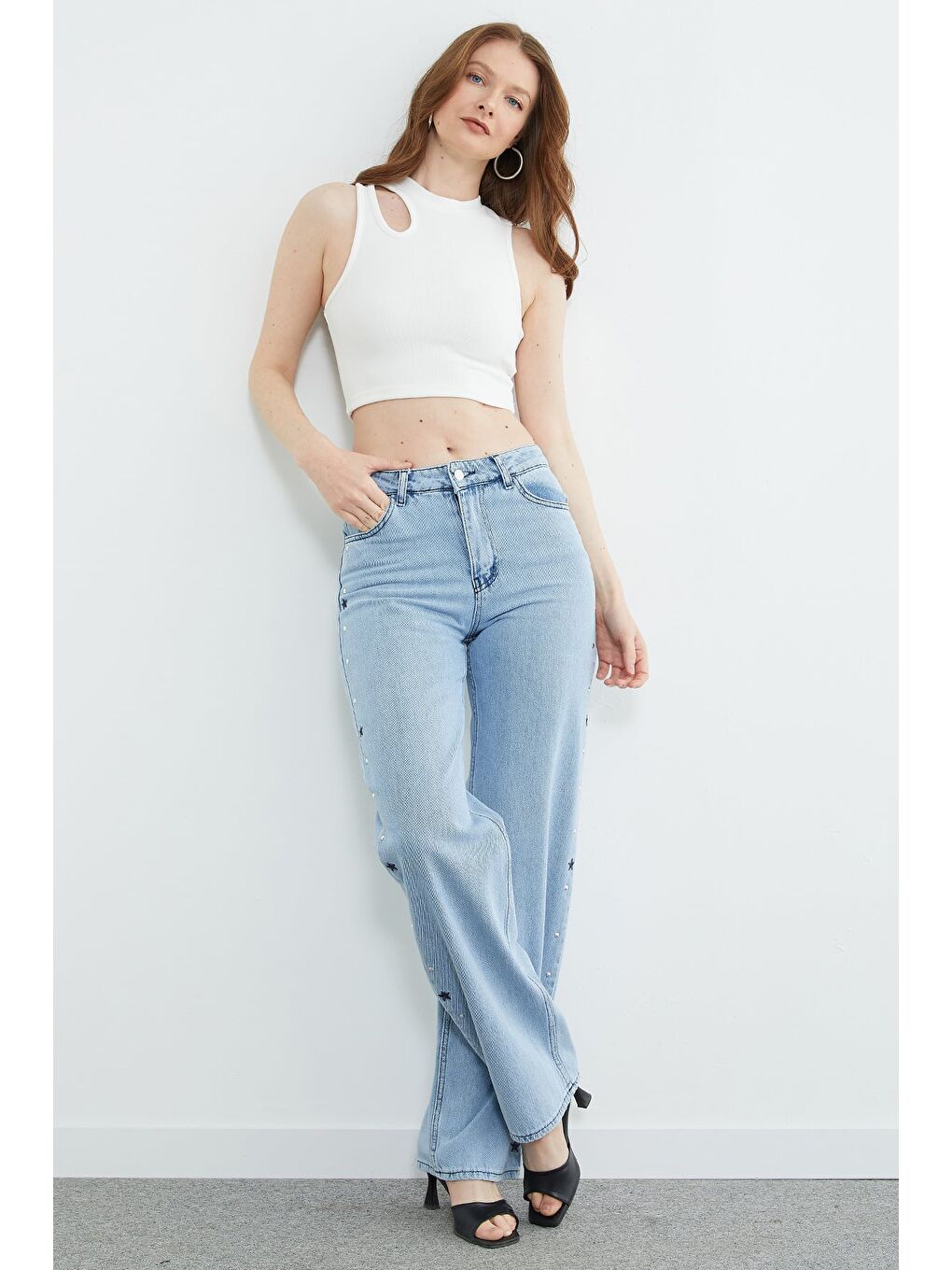 Mavi Yıldız Nakışlı Yüksek Bel Jean-2