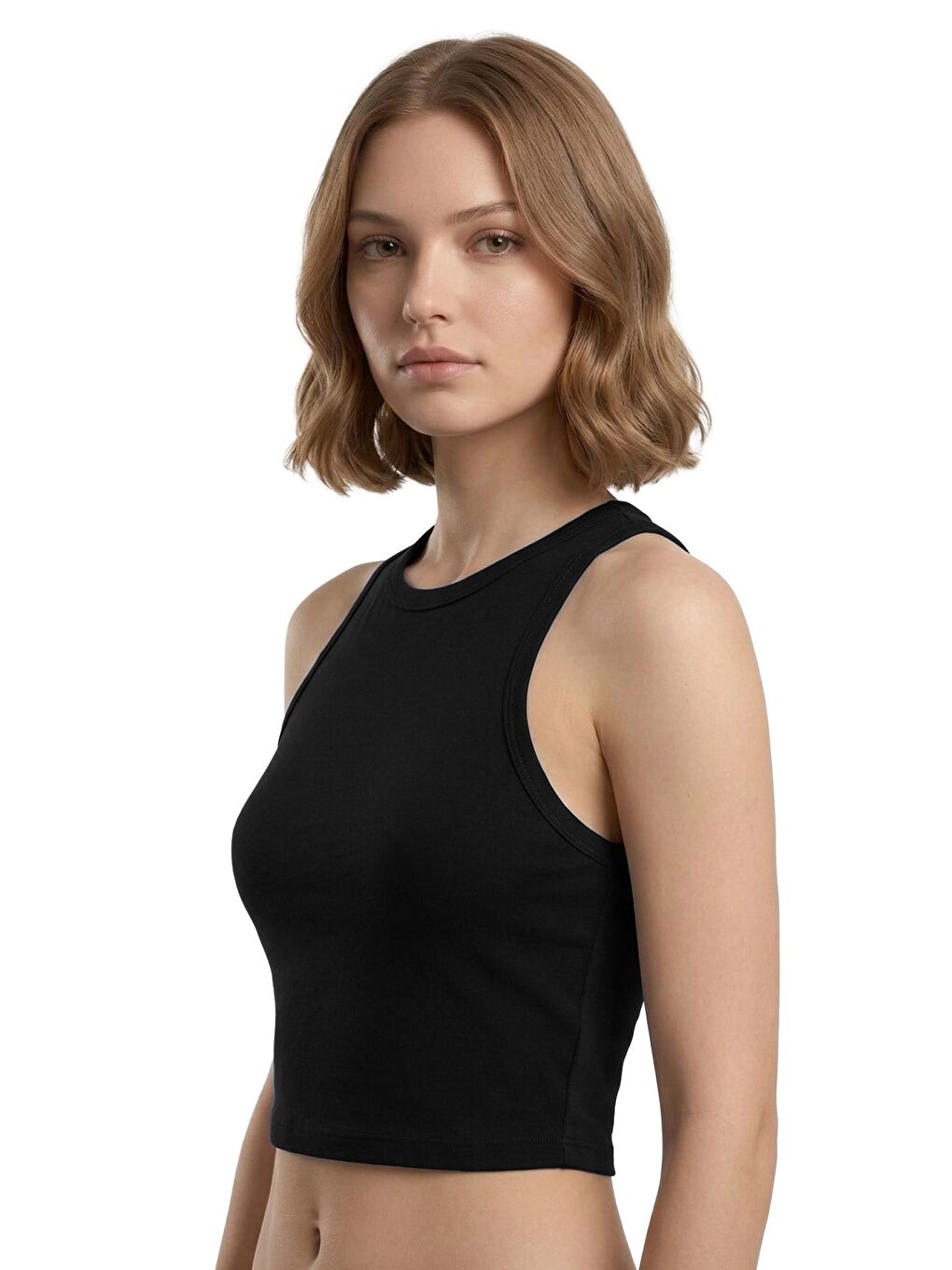Siyah Viskon Bisiklet Yaka Kolsuz Kadın Crop Atlet-4
