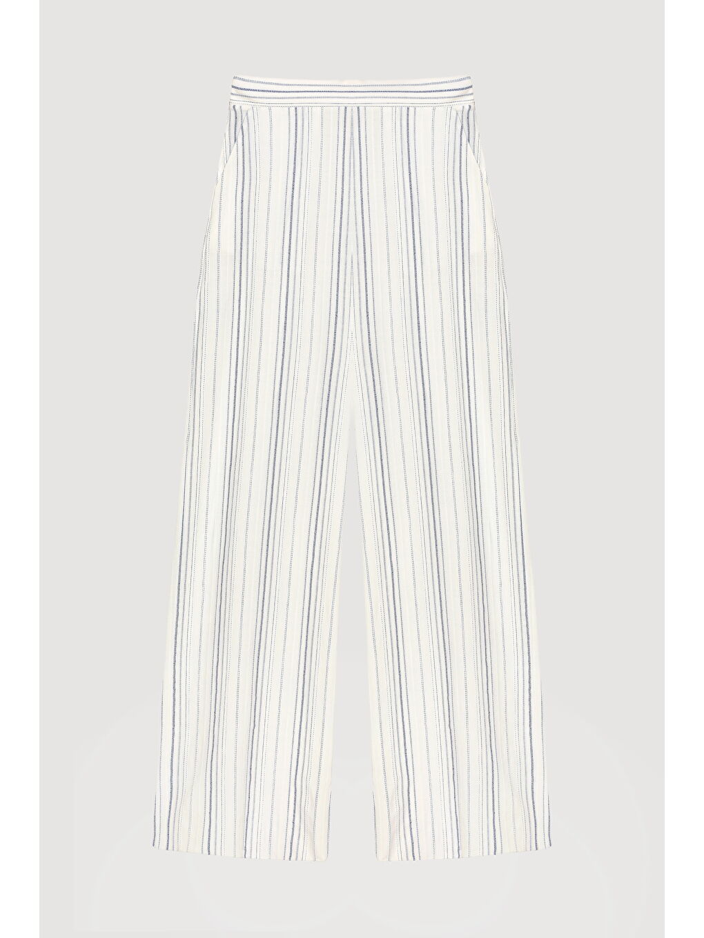 İnce Çizgili Yüksek Bel Pantolon Ekru