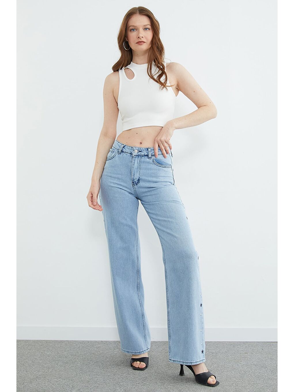 Mavi Yıldız Nakışlı Yüksek Bel Jean-3