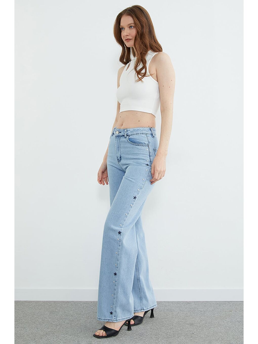 Mavi Yıldız Nakışlı Yüksek Bel Jean-4