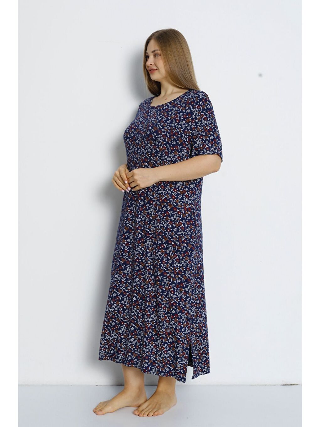 Lacivert Kadın Büyük Beden Cepli Kısa Kollu Maxi Boy Viskon Elbise-2