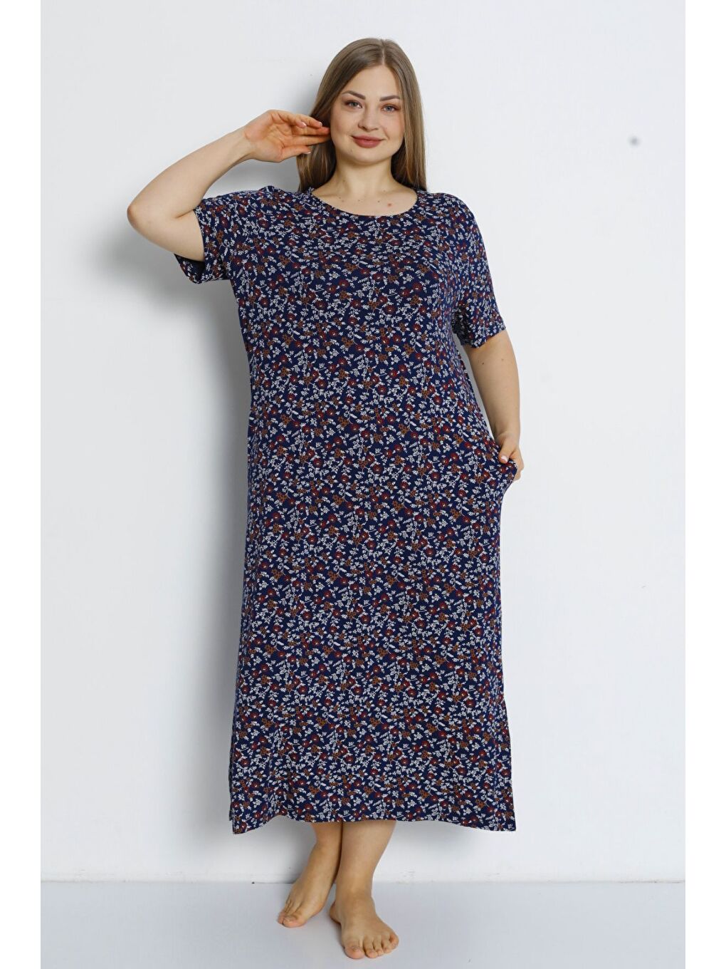 Lacivert Kadın Büyük Beden Cepli Kısa Kollu Maxi Boy Viskon Elbise-3