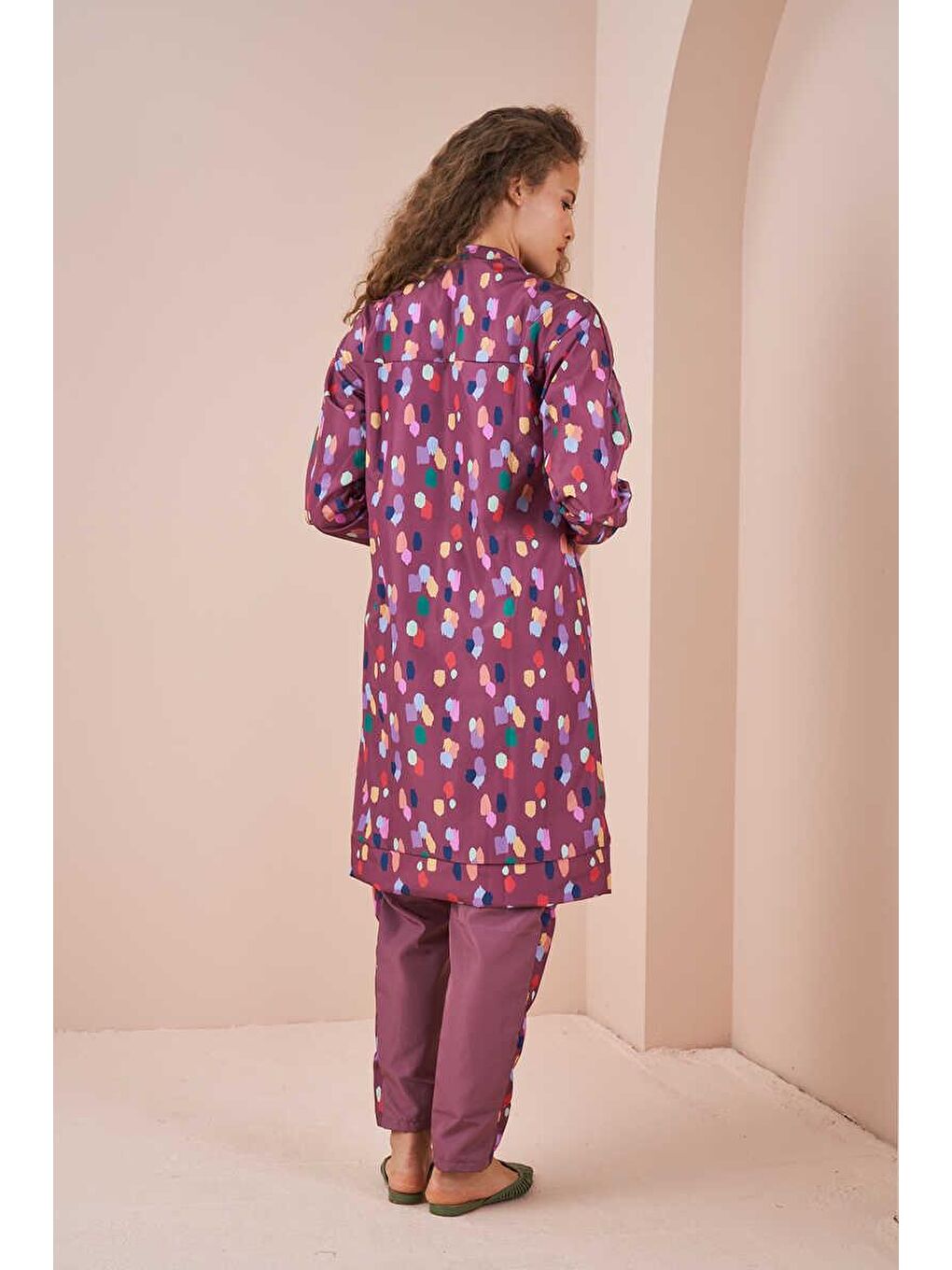 Pembe Puantiye Desen Tesettür Mayo Uzun Gül Kurusu-5