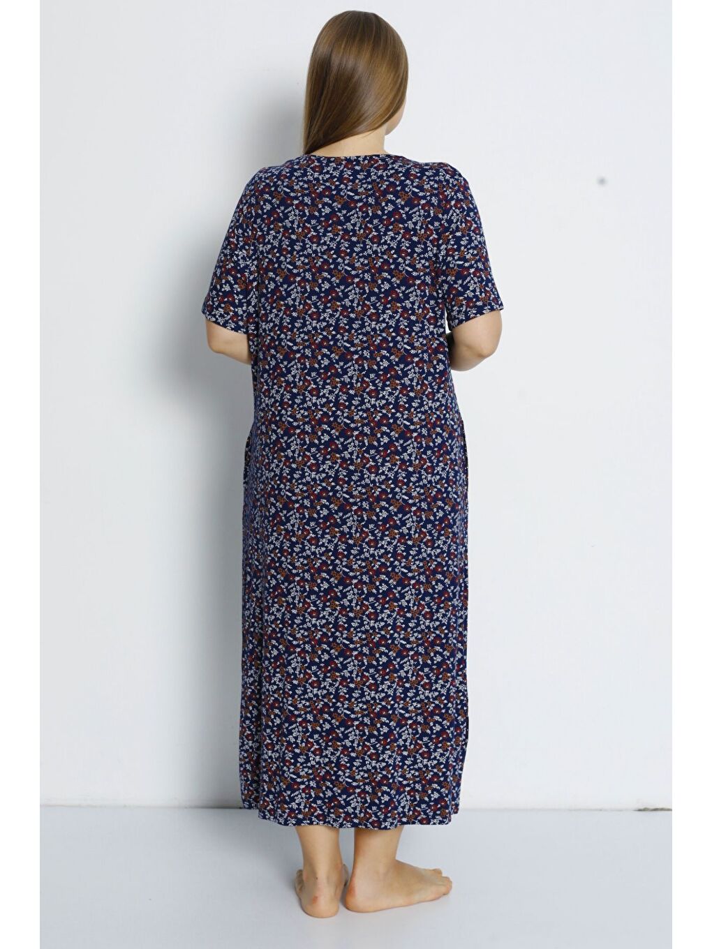 Lacivert Kadın Büyük Beden Cepli Kısa Kollu Maxi Boy Viskon Elbise-4