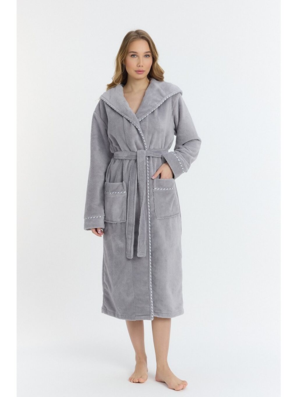 Gri Triga Kapüşonlu Kadın Bornozu %100 Pamuk