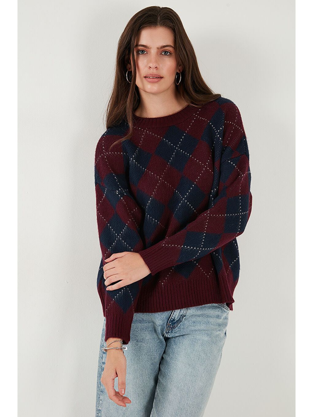 Bordo Oversize Fit Bisiklet Yaka Baklava Desenli Kazak 4615579-4