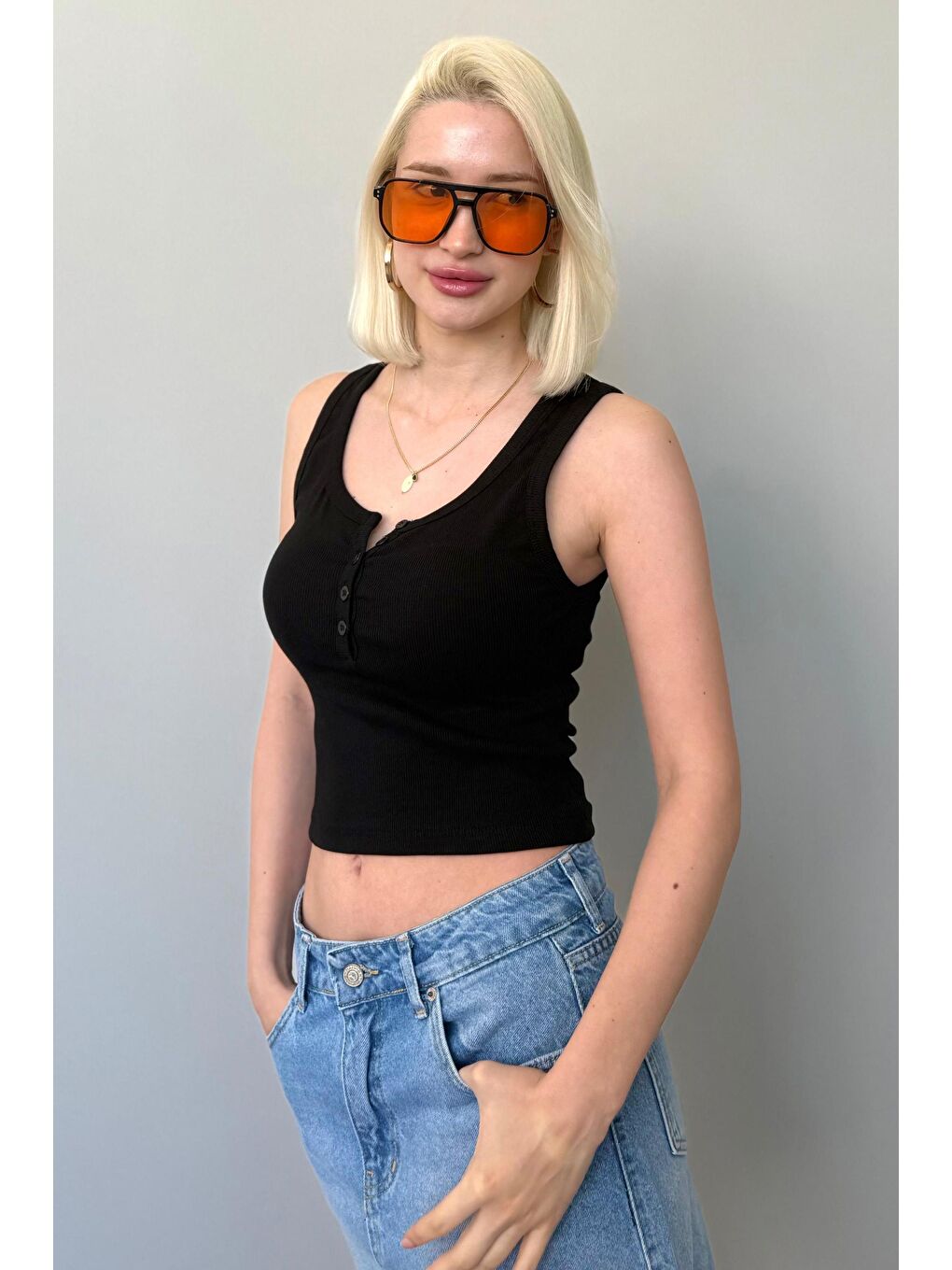 Siyah Önü Düğmeli Fitilli Atlet Mg2453-5