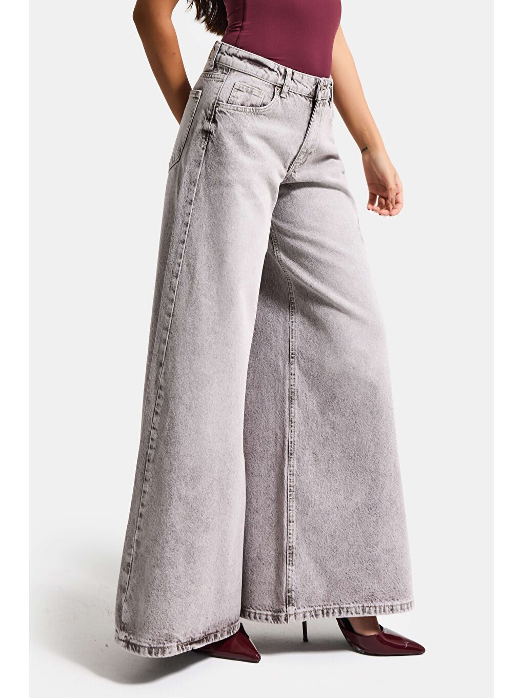 Bej Kadın Taş Rengi 4s6-158 Elephant Leg Fit Süper Bol Kesim Denim Jean