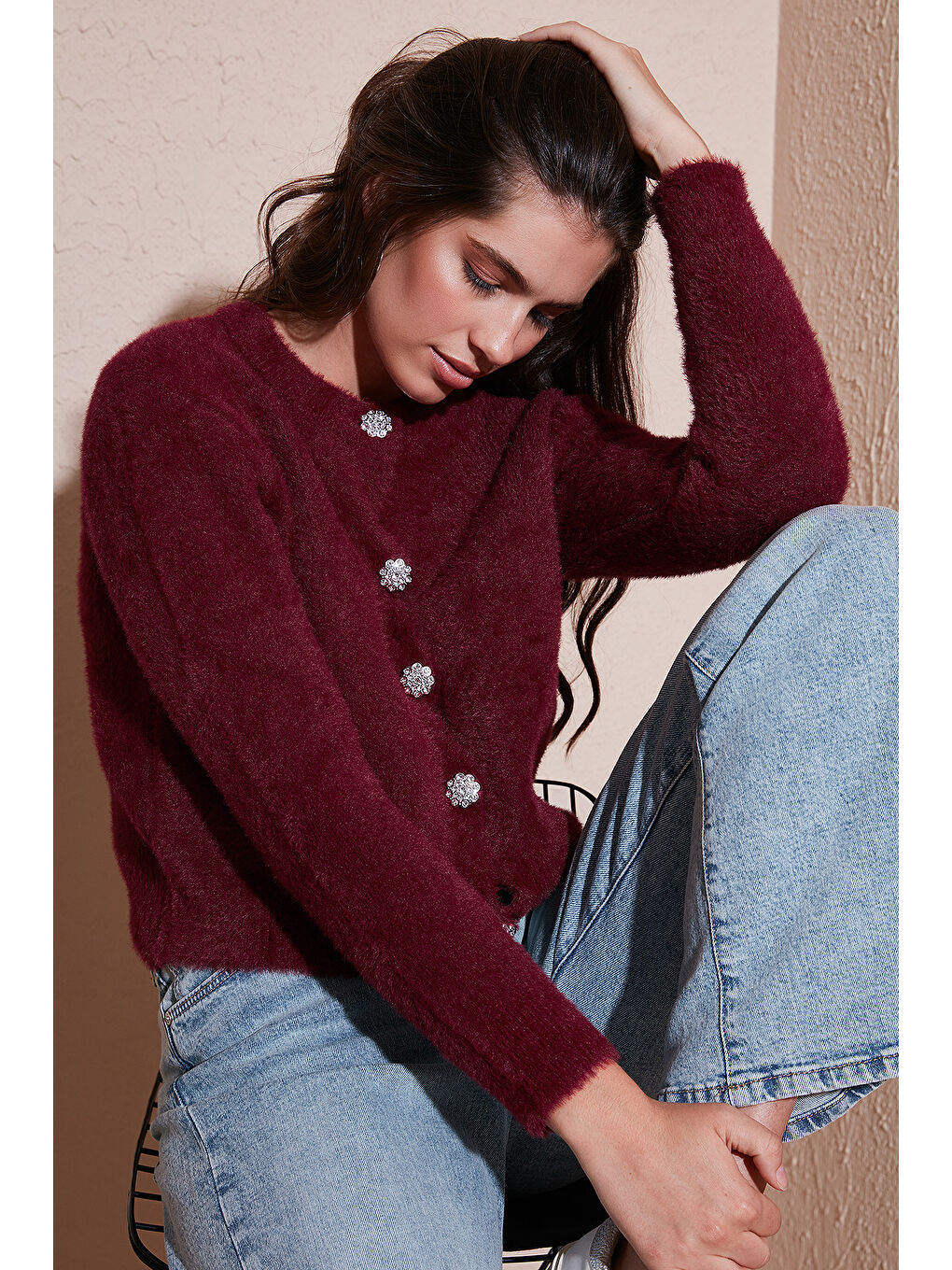 Bordo Fitted Fit Bisiklet Yaka Yumuşak Dokulu Crop Hırka 4615559-1