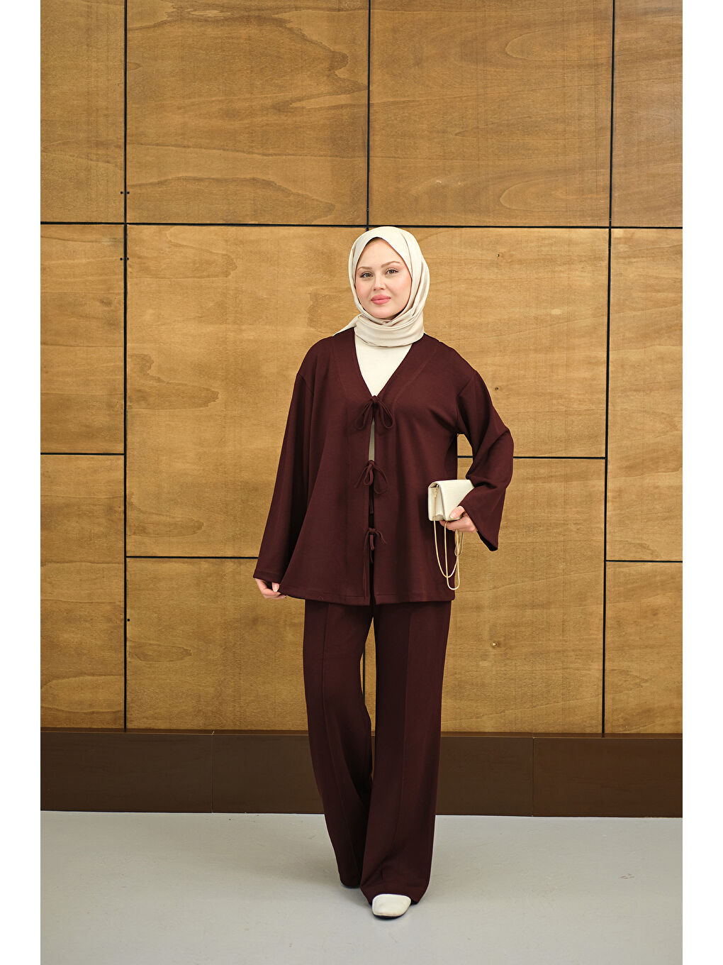 Kadın V Yaka Bağcıklı Regular Viskon Kimono Takım Bordo